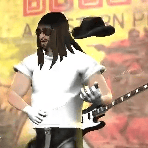 Rock Band 3 con un personaje que tiene problemas con sus accesorios.