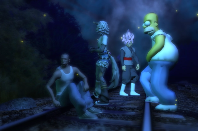 Carl Johnson from GTA: San Andreas, Wolfie from Fortnite, Goku Black from Dragon Ball, and Homer Simpson from The Simpsons standing on railroad tracks.