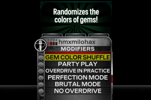 Rock Band 3 Deluxe's modifier menu showing many modifiers.