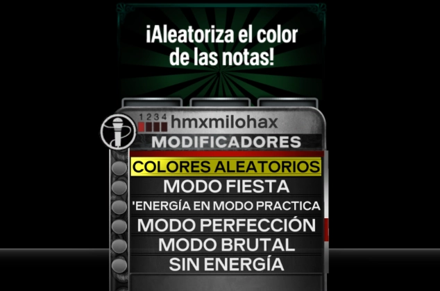 Rock Band 3 Deluxe mostrando varias opciones en el menú de modificadores.