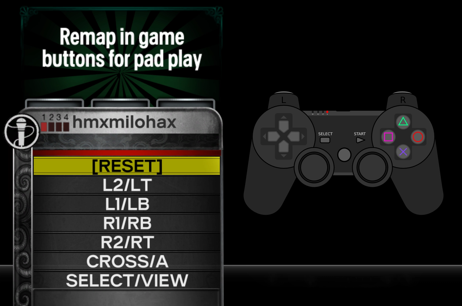 The pad remapping options in Rock Band 3 Deluxe, showing the fret mappings for a controller. A DualShock 4 controller has been overlayed on the right.