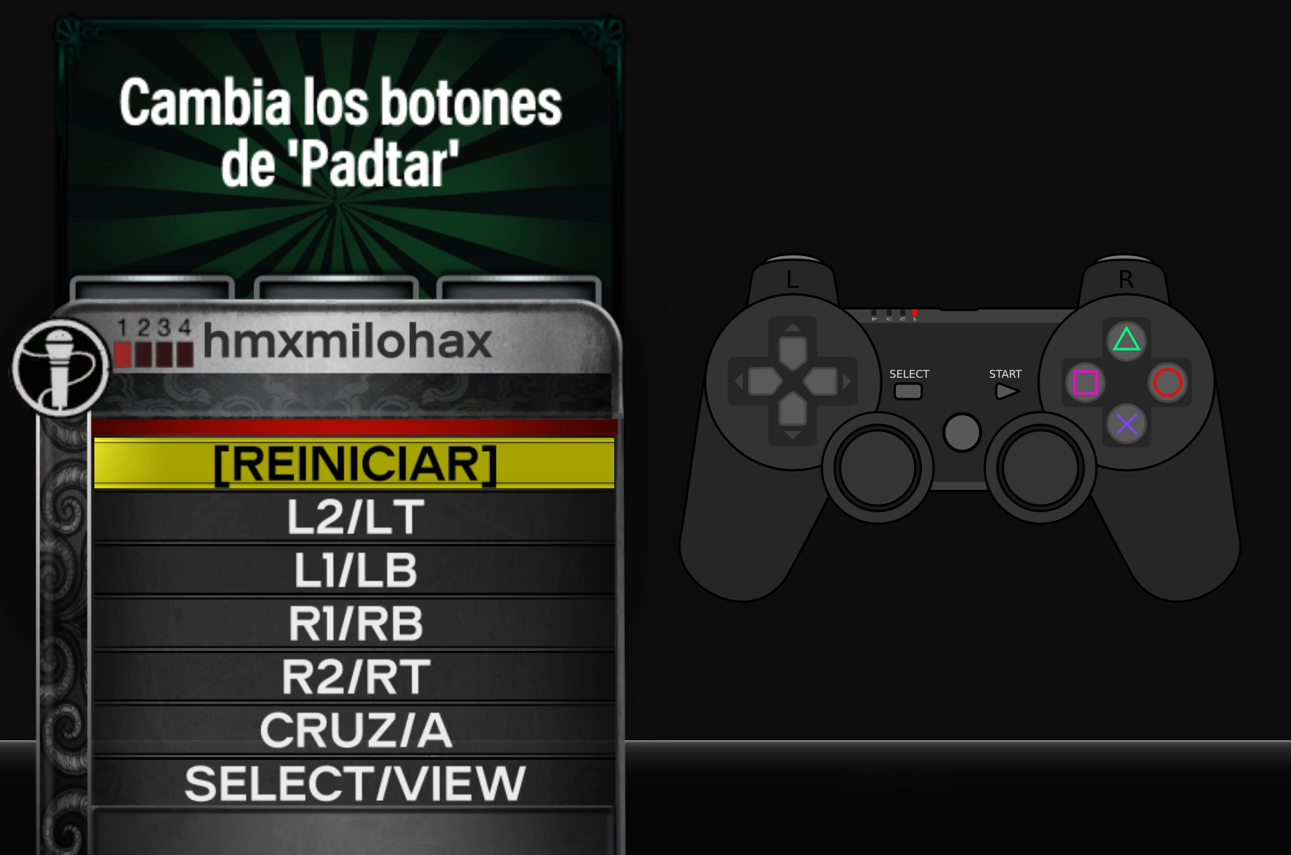El menú de remapear dentro de Rock Band 3 Deluxe, mostrando el mapeo de trastes para un mando. Hay un DualShock 4 a la izquierda.