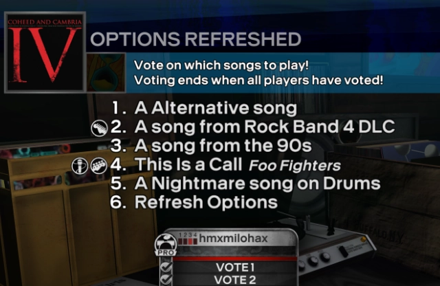 Rock Band 3 Deluxe's 'Play A Show' showing various voting options.