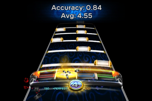 Rock Band 3 Deluxe showing accuracy statistics and average accuracy stats above a note highway. On the bottom side, there's a 'Perfect' popup.