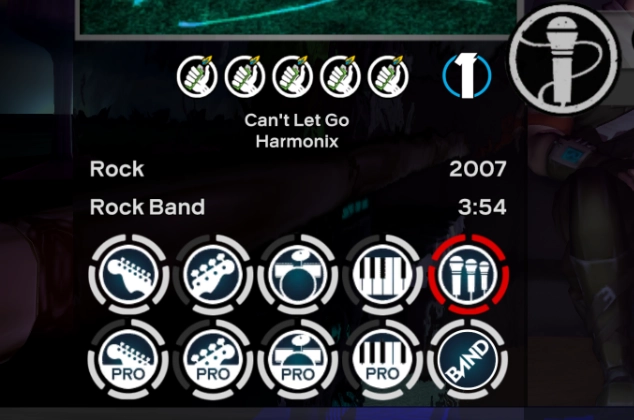 Rock Band 3 Deluxe showing 'Can't Let Go' from Rock Band 1, which originally doesn't have harmonies, a keyboard part, or Pro Guitar support. It has all of those added.