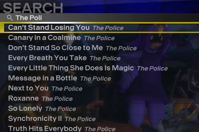 Searching for 'The Police' in Rock Band 3 Deluxe using the new keyboard feature.