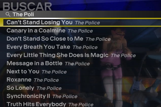 Buscando 'The Police' dentro de Rock Band 3 Deluxe usando la nueva funcion de busqueda de teclado.