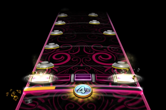 A note highway in Rock Band 3 that has been changed to be strongly pink and the gems have been changed to Guitar Hero ones.